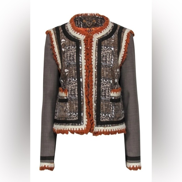 TORY BURCH RUNWAY Quincey Mixed Media Blazer Jacket Size 6 GUC - Picture 2 of 12